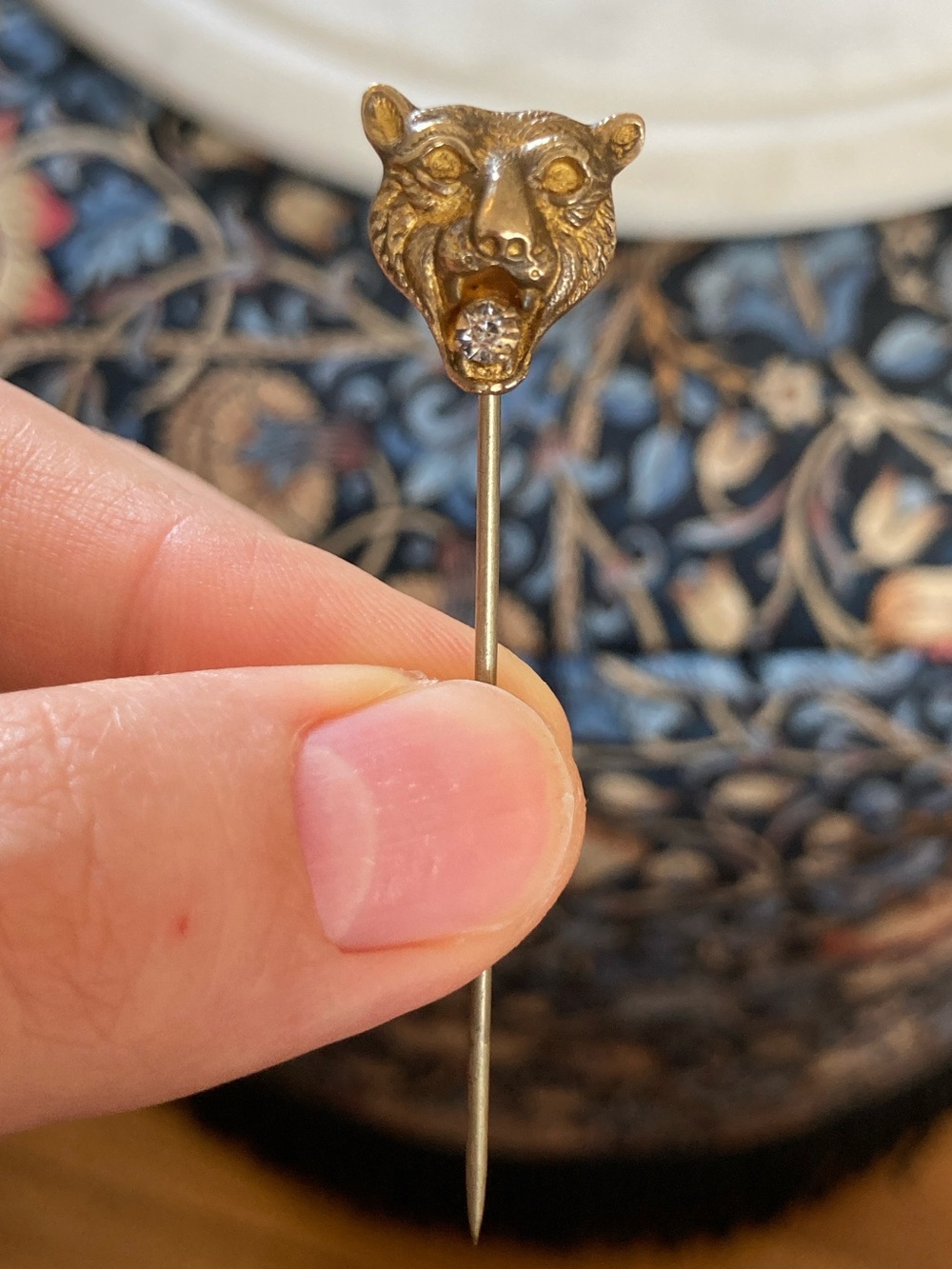 Antique Victorian/Edwardian Lion’s Head Paste Stone Brass Stick Pin/Cravat Pin